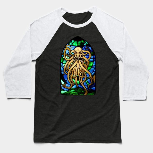 Stained Glass Cthulhu Baseball T-Shirt by Hiraeth Tees